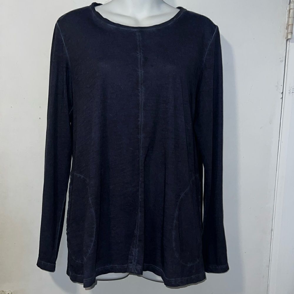 LOGO BY LORI GOLDSTEIN Navy Blue Slub Knit Long Sleeve Shirt w/ Pockets-S